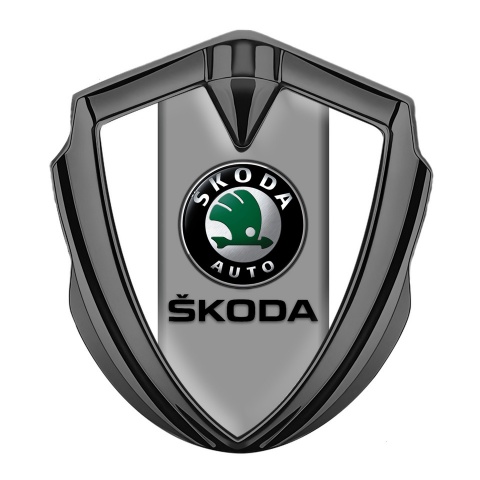 Skoda Seitenflugel Emblem Aufkleber Graphit Tonfarbe mit Weiss Hintergrund und Grau Logo Panel