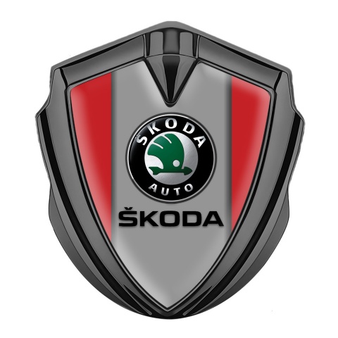 Skoda Emblem Abzeichen Graphit Tonfarbe mit Rote Basis und Grau Logo Panel
