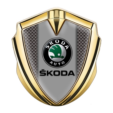 Skoda Emblem Abzeichen Goldtonfarbe mit Braun carbon und Grau Logo Panel