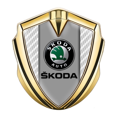 Skoda Emblem Abzeichen selbstklebend Goldtonfarbe mit Weiss Carbon und Grau Logo Panel
