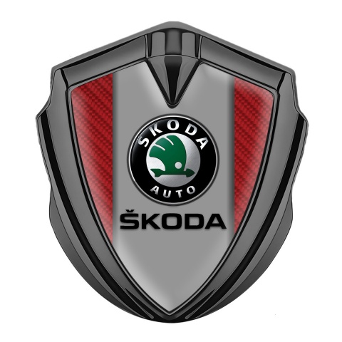 Skoda Emblem Auto Zeichen Graphit Tonfarbe mit Rote Kohlenstoff Basis und Grau Logo Panel