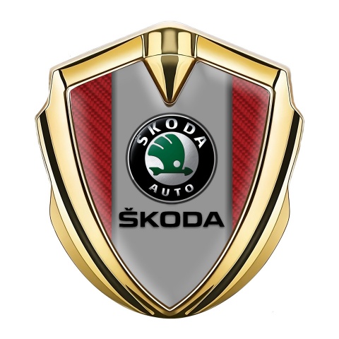 Skoda Emblem Auto Zeichen Goldtonfarbe mit Rote Kohlenstoff Basis und Grau Logo Panel