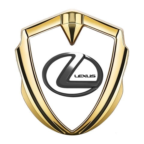 Lexus Abzeichen selbstklebend Goldtonfarbe Weiss Hintergrund mit Chrom logo