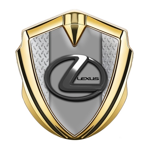 Lexus Emblem Abzeichen Goldtonfarbe Metallboden Hintergrund mit Grau Logo Panel
