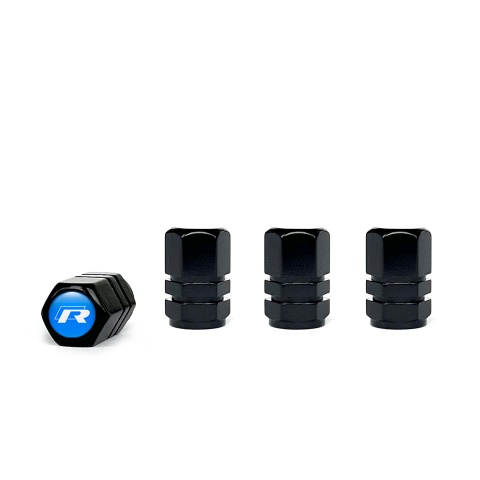 VW R Line Valve Steam Caps Black 4 pcs Blue Silicone Sticker White Logo