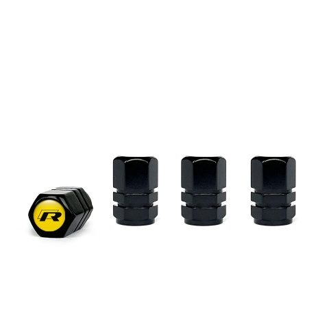 VW R Line Valve Steam Caps Black 4 pcs Yellow Silicone Sticker Black Logo