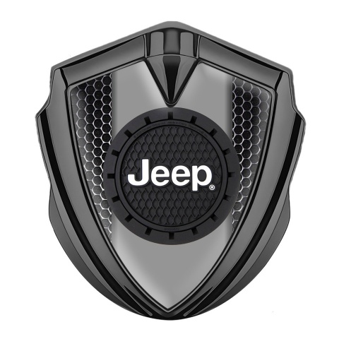 Jeep Emblem Abzeichen selbstklebend Graphit Tonfarbe Perforierter Stahl Effekt mit Rundes Logo Design