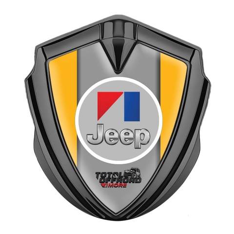Jeep Emblem Logo Schriftzug Aufkleber Graphit Tonfarbe Gelb Basis mit Rundes Grau Logo