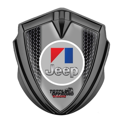 Jeep Emblem Abzeichen Graphit Tonfarbe Perforierter Stahl Effekt mit Rundes Grau Logo
