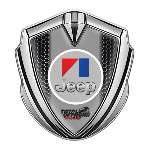 Jeep Emblem Abzeichen Silbertonfarbe Perforierter Stahl Effekt mit Rundes Grau Logo