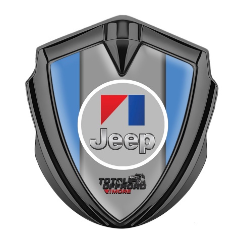 Jeep Abzeichen selbstklebend Graphit Tonfarbe Blau Hintergrund mit Rundes Grau Logo