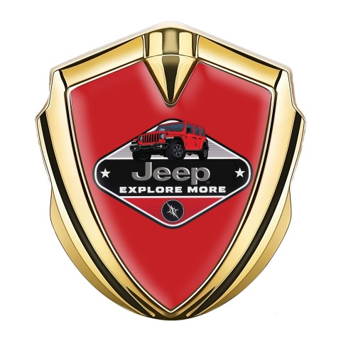 Jeep Abzeichen selbstklebend Goldtonfarbe Rote mit Explore More Logo