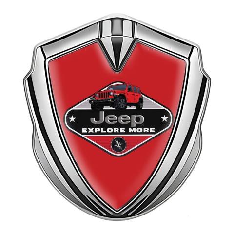 Jeep Abzeichen selbstklebend Silbertonfarbe Rote mit Explore More Logo