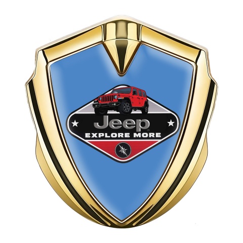 Jeep Emblem Auto Zeichen Goldtonfarbe Blau mit Explore More Logo