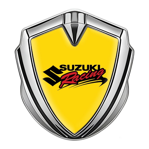 Suzuki Seitenflugel Emblem Aufkleber Silbertonfarbe Gelb Fundament mit Racing logo Motiv