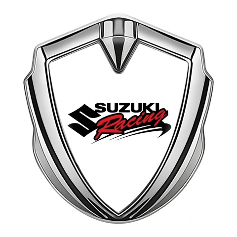Suzuki Abzeichen selbstklebend Silbertonfarbe Weiss Fundament mit Racing Logo Motiv