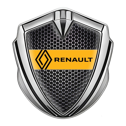 Renault Emblem Auto Zeichen Silbertonfarbe Perforierter Stahl Basis mit Gelb Band Logo
