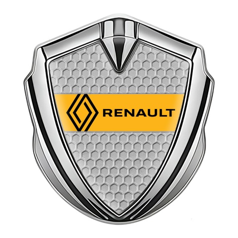 Renault Emblem Abzeichen selbstklebend Silbertonfarbe Wabeneffekt Hintergrund mit Gelb Band Logo