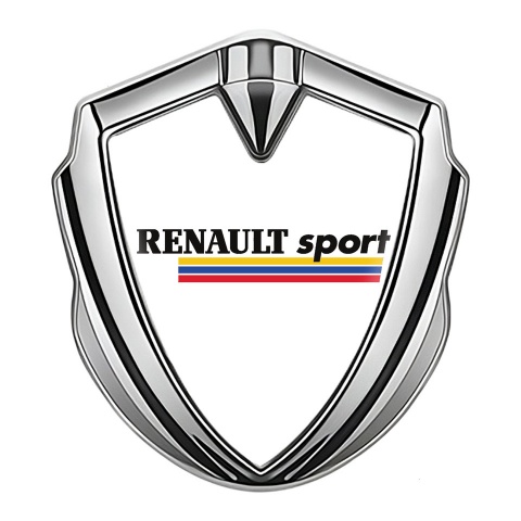 Renault Sport Emblem Abzeichen Silbertonfarbe Weiss Hintergrund mit Dreifarbig Logo