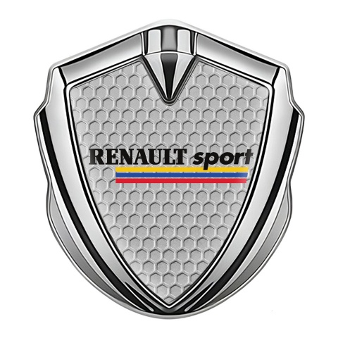 Renault Sport Emblem Logo Schriftzug Aufkleber Silbertonfarbe Wabeneffekt Hintergrund mit Dreifarbig Logo
