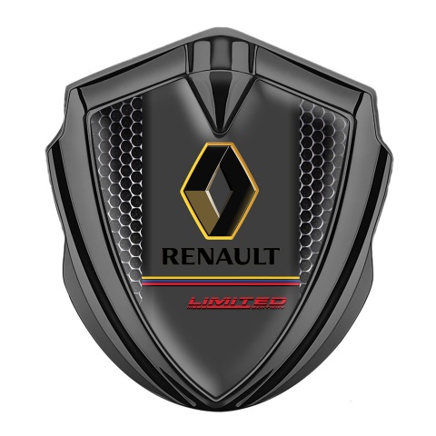 Renault Abzeichen selbstklebend Graphit Tonfarbe Perforierter Stahl Effekt mit Limited edition Logo