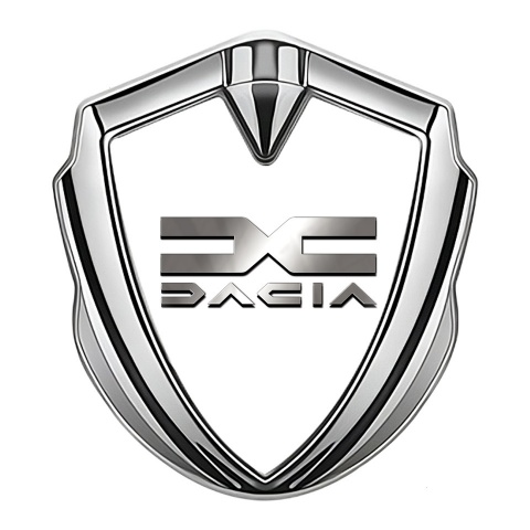 Dacia Emblem Abzeichen selbstklebend Silbertonfarbe Weiss hintergrund mit Metall logo Design