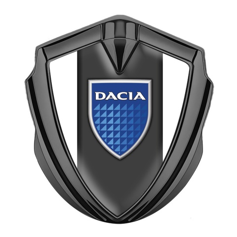 Dacia Emblem Logo Schriftzug Aufkleber Graphit Tonfarbe Weiss Fundament mit Logo Blau Schild