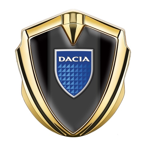 Dacia Seitenflugel Emblem Aufkleber Goldtonfarbe Schwarz Fundament mit Logo Blau Schild