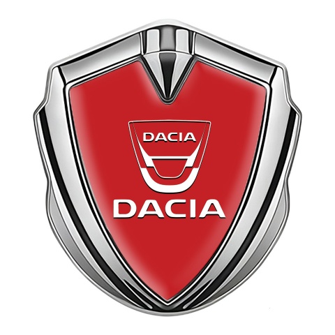 Dacia Emblem Logo Schriftzug Aufkleber Silbertonfarbe Rote Basis mit Weiss Logo