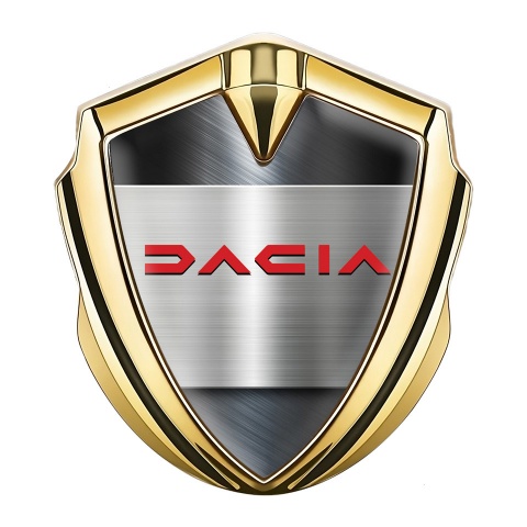 Dacia Emblem Logo Schriftzug Aufkleber Goldtonfarbe Metall Basis Effekt mit Rote Logo