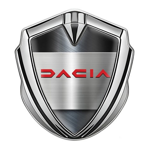 Dacia Emblem Logo Schriftzug Aufkleber Silbertonfarbe Metall Basis Effekt mit Rote Logo