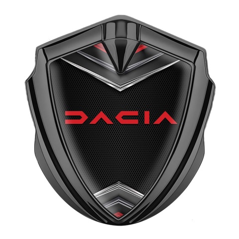 Dacia Emblem Abzeichen selbstklebend Graphit Tonfarbe Schwarz Basis mit Schild Motiv und Rote Logo