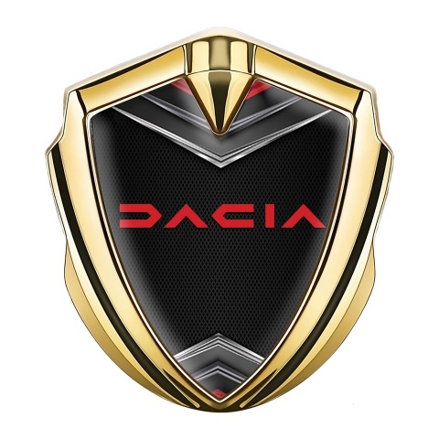 Dacia Emblem Abzeichen selbstklebend Goldtonfarbe Schwarz Basis mit Schild Motiv und Rote Logo
