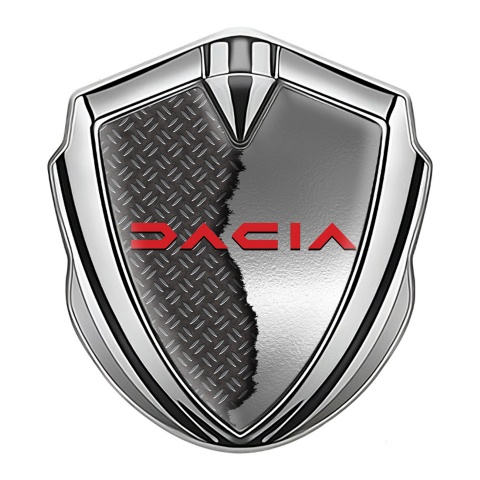Dacia Emblem Aufkleber Autozubehor Silbertonfarbe Zerrissenes Metall Basis mit rote Logo