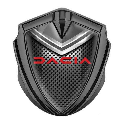 Dacia Seitenflugel Emblem Aufkleber Graphit Tonfarbe Stahlgitter Hintergrund und Rote Logo