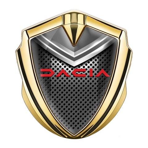 Dacia Seitenflugel Emblem Aufkleber Goldtonfarbe Stahlgitter Hintergrund und Rote Logo