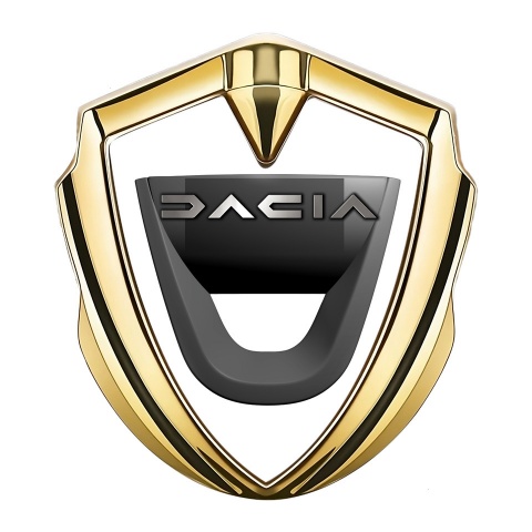 Dacia Selbstklebendes Metallaufkleber Emblem Goldtonfarbe Weiss Basis mit Graphit logo