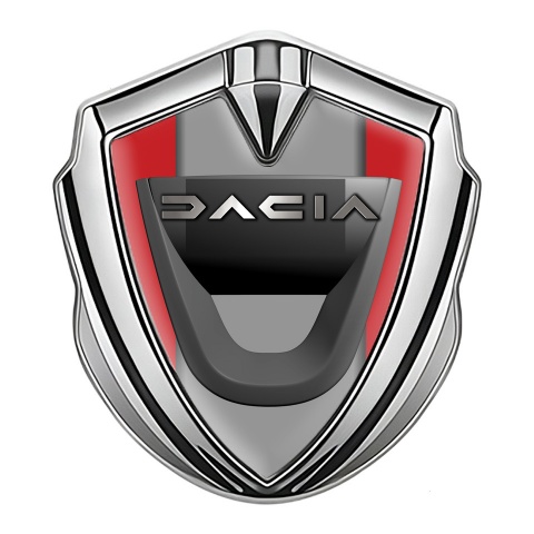 Dacia Seitenflugel Emblem Aufkleber Silbertonfarbe Rote Basis mit Grau Logo Panel