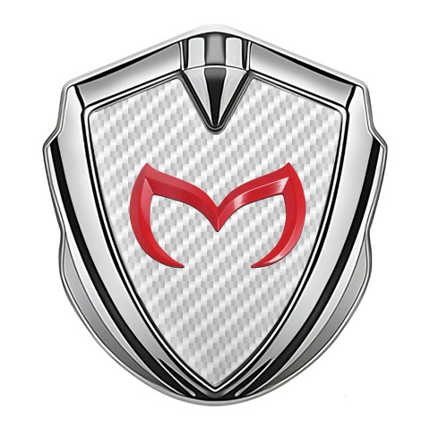 Mazda Abzeichen selbstklebend Silbertonfarbe mit Weiss carbon und Rote Logo