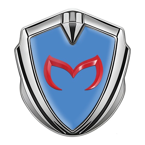 Mazda Emblem Logo Schriftzug Aufkleber Silbertonfarbe mit Blau Hintergrund und Rote Logo