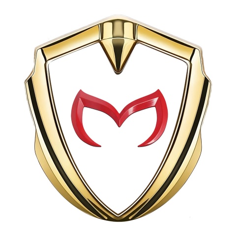 Mazda Emblem Auto Zeichen Goldtonfarbe mit Weiss Fundament und Rote Logo