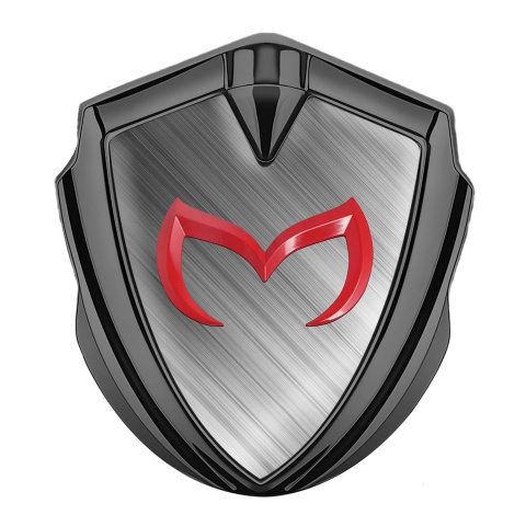 Mazda Abzeichen selbstklebend Graphit Tonfarbe mit Geburstetes Aluminium design und Rote Logo