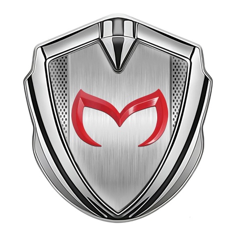 Mazda Emblem Abzeichen selbstklebend Silbertonfarbe mit Metall Panel Design und Rote Logo