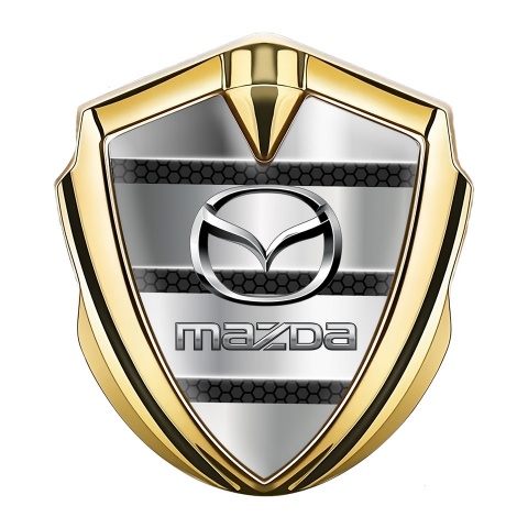Mazda Abzeichen selbstklebend Goldtonfarbe Metallstreifen Basis Effekt und Silber Logo Stil