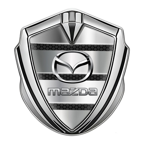 Mazda Abzeichen selbstklebend Silbertonfarbe Metallstreifen Basis Effekt und Silber Logo Stil