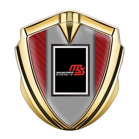 Mazda Speed Abzeichen selbstklebend Goldtonfarbe mit Rote Carbon Basis und Rechteckiges Logo Stil