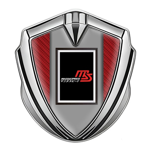 Mazda Speed Abzeichen selbstklebend Silbertonfarbe mit Rote Carbon Basis und Rechteckiges Logo Stil