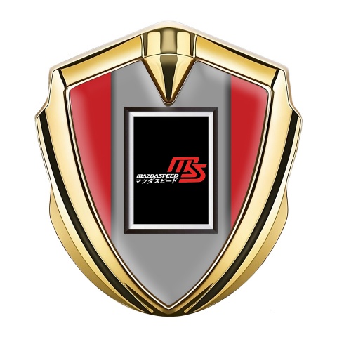 Mazda Speed Emblem Logo Schriftzug Aufkleber Goldtonfarbe Rote Basis und Rechteckiges Logo Design