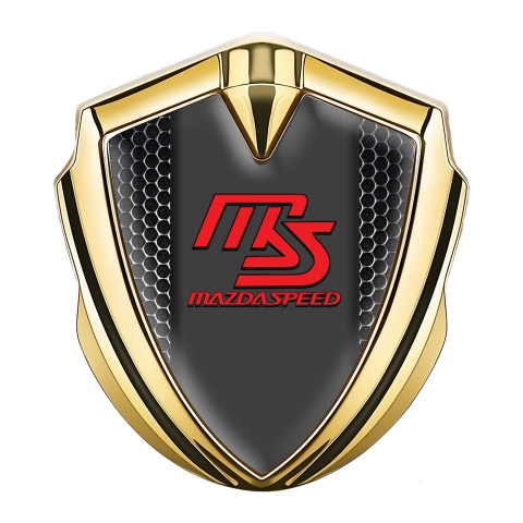 Mazda Speed Selbstklebendes Metallaufkleber Emblem Goldtonfarbe mit Perforierter Stahl Basis und Graphit Panel Rote Logo