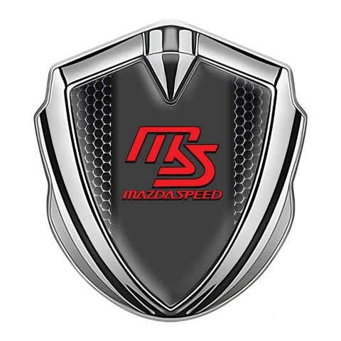 Mazda Speed Selbstklebendes Metallaufkleber Emblem Silbertonfarbe mit Perforierter Stahl Basis und Graphit Panel Rote Logo